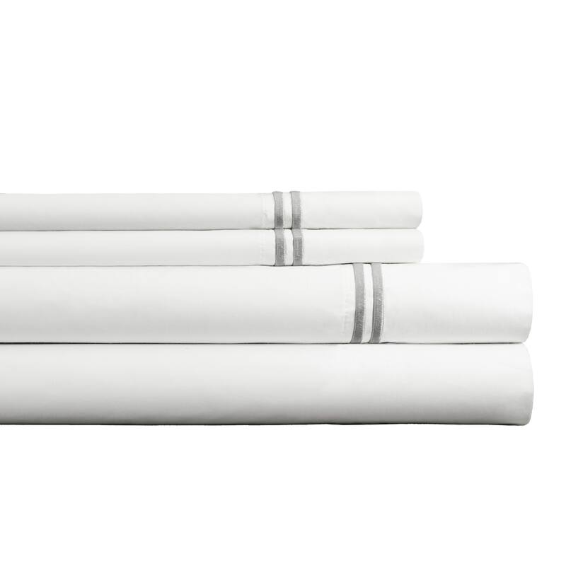 Pointehaven 300 TC Percale 100% Long Staple Cotton Cooling Double Satin Embroidered Stitch Oversized Sheet Set - Queen - White-Silver