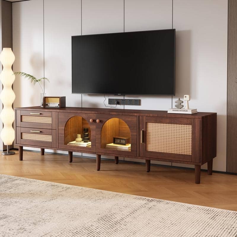 Rattan-Inspired 80'' Media Console with LED Lights & Ample Storage