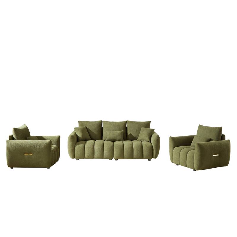 1+1+3 Seater Sofas Set of 3, Teddy Fabric Couches with Wooden Frame and Cushions, Armrests Side with Metal Strip Decorations