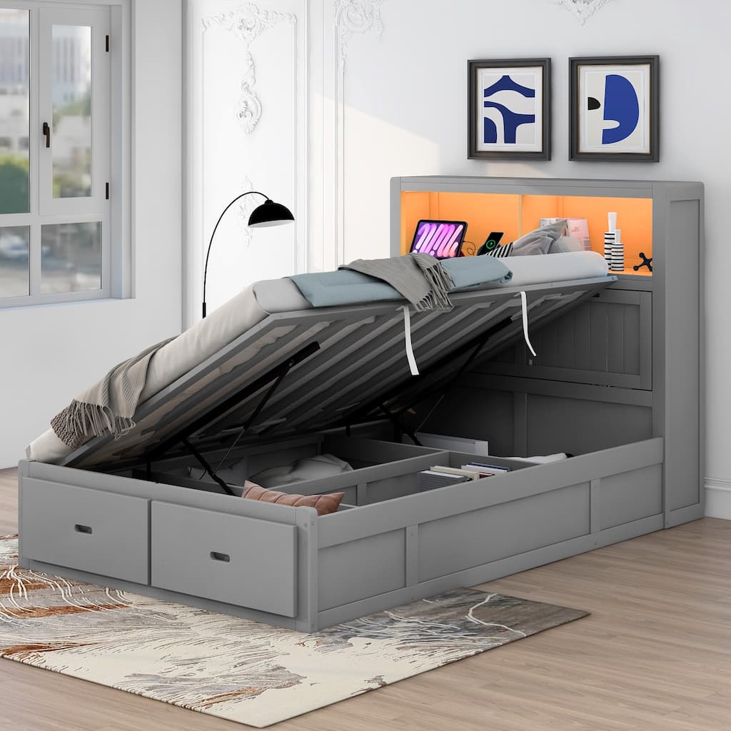 Full Size Hydraulic Platform Bed with Storage, LED Headboard, Charging Station, and 2 Drawers, Gray