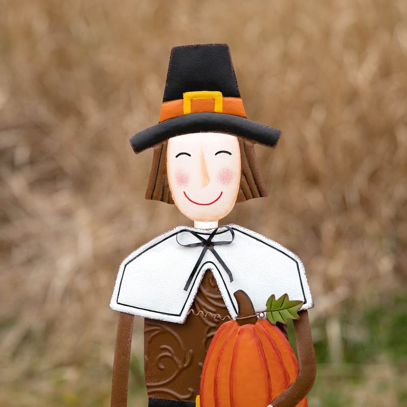Glitzhome 36"H Fall Thanksgiving Metal Pilgrim Yard Stake Standing Hanging Decor (3 Functions)