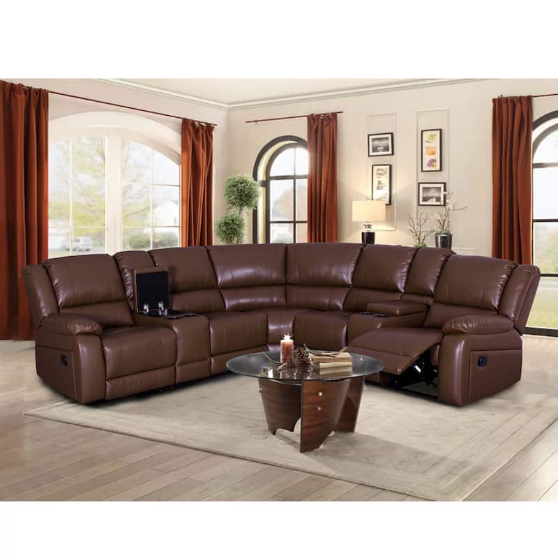 108" W Modern Contemporary Faux Leather 7 Piece Sectional Recliners - Brown
