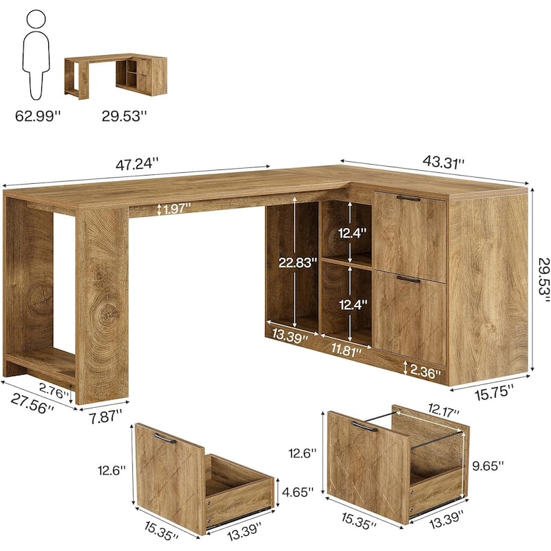 63" L-Shaped Executive Desk, Large Office Desk with File Cabinets and Shelves, Farmhouse Wooden Business Furniture