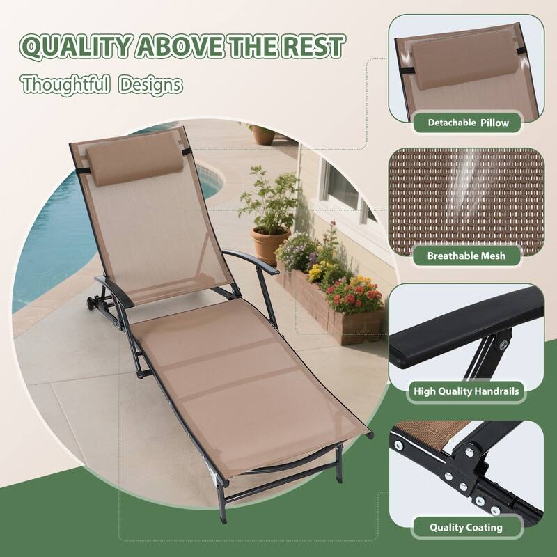Patio Chaise Lounge Chair with Wheels, 5-Position Recliner with Armrests for Poolside, Beach, Backyard, or Patio