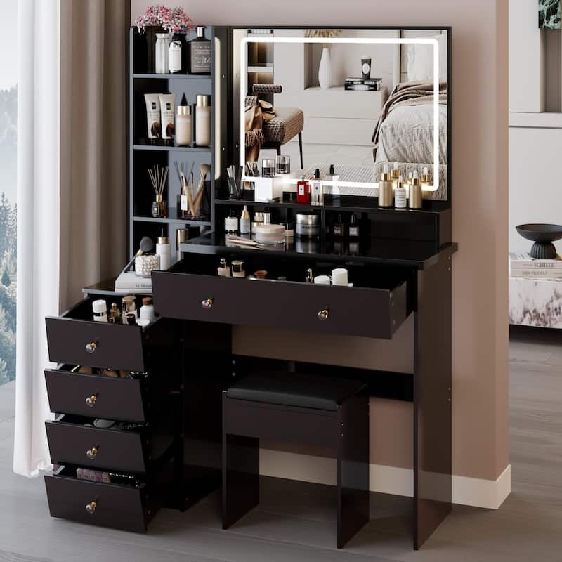 41"Large Size Left Bedside Cabinet Vanity Table+Cushioned Stool, Extra Large LED Mirror, Multi Layer High Capacity Dresser