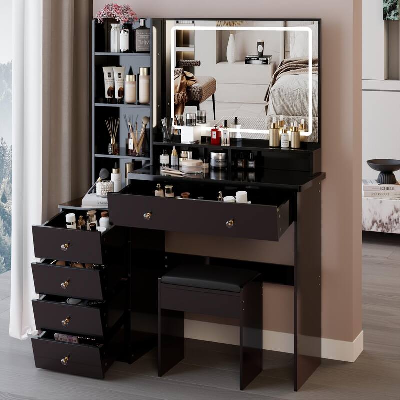 Vanity Desk with Touch Control LED Sliding Mirror, Large Capacity Dresser Table Set, Makeup Vanity with 5 Drawers & Stool