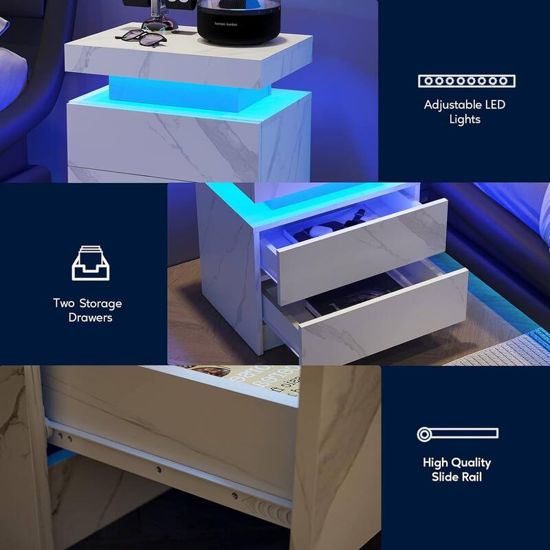 LED Bedside Table with 2 Drawers - Multi-Color Adjustable Lights, Modern White Nightstand for Bedroom & Living Room
