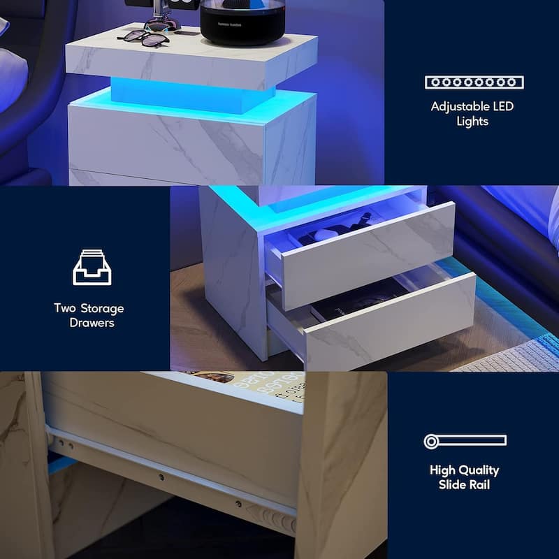 LED Nightstand with 2 Drawers for Bedroom