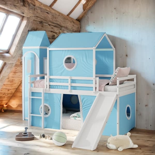 slide 2 of 15, Playhouse Twin Size Loft Bed with Slide Pink Tent and Tower Blue