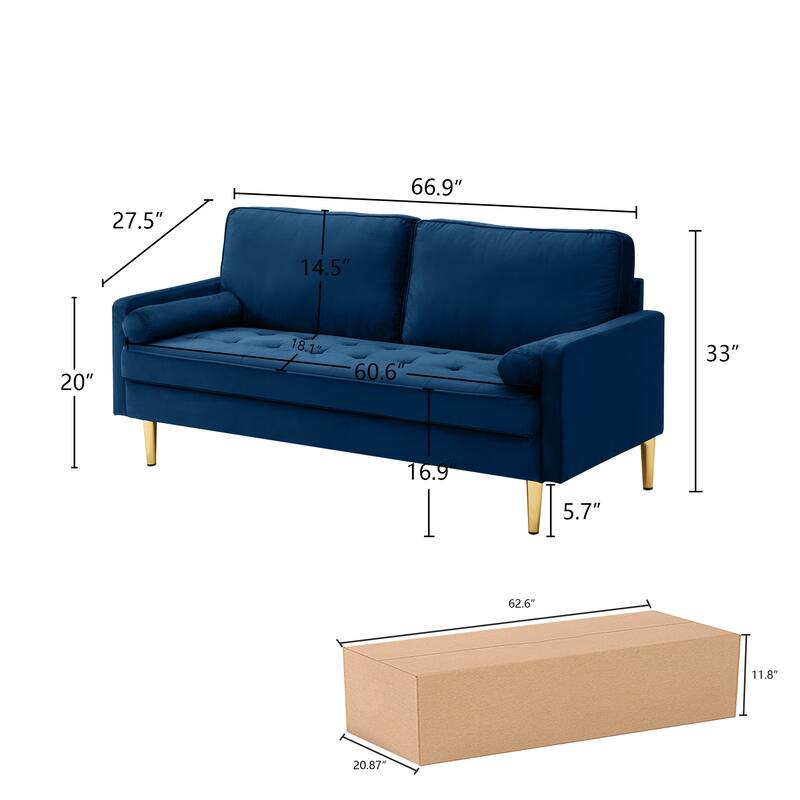 Blue Modern Velvet Loveseat Sofa Couch, Button Upholstered Couch with 2