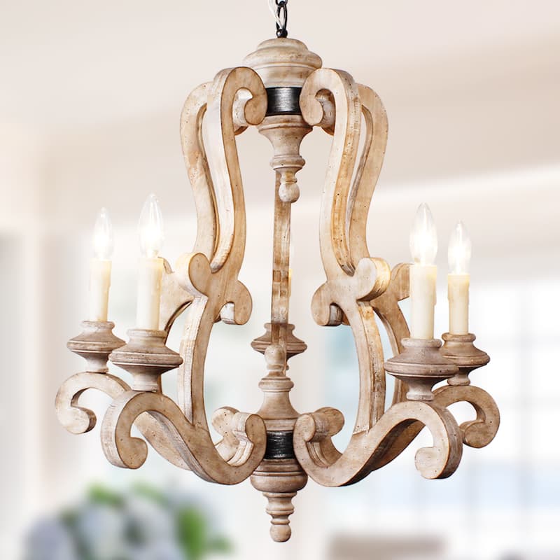 Cusp Barn Farmhouse Antique 5-Light Wood Candle Chandelier Empire Shabby Ceiling Light for Dining Room Entryway - Weathered Wood