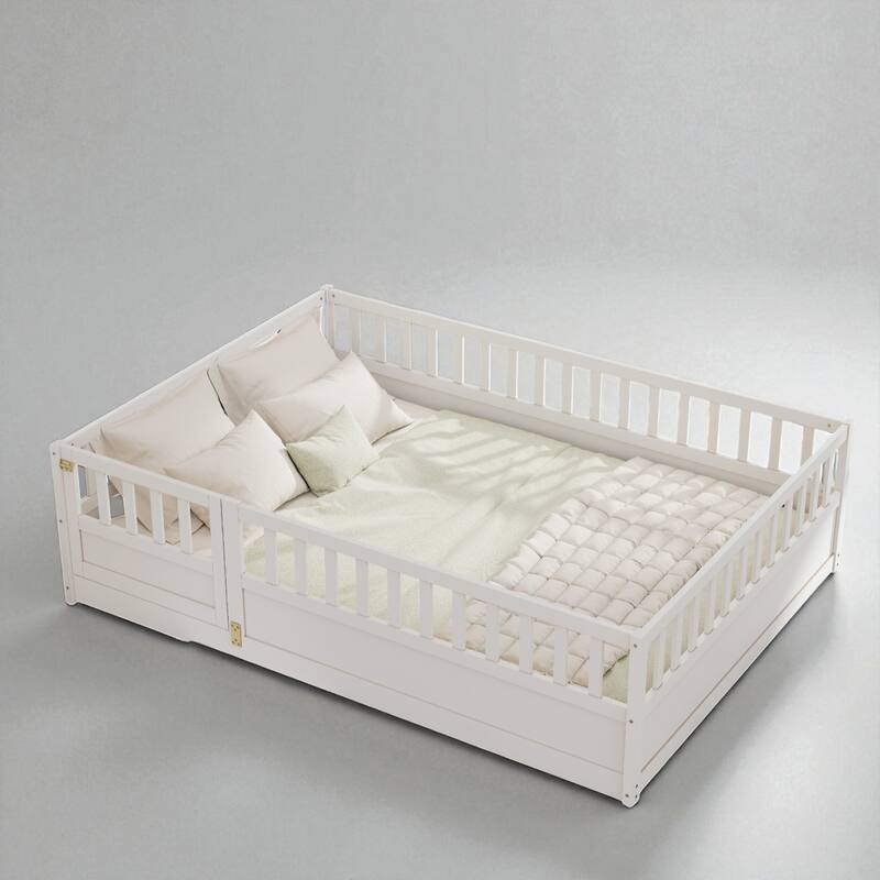 Montessori Twin/Full Size Wooden Floor Bed with Safety Fence and Door, Low Platform Bed Frame for Kids Toddlers - White - Full