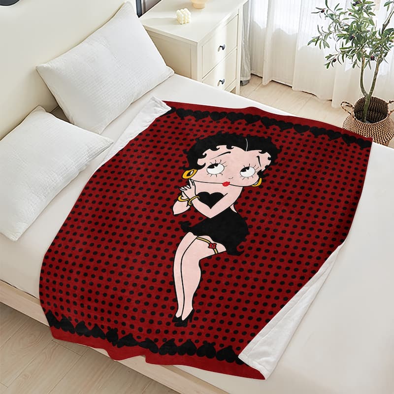 Betty Boop Super Soft Fleece Plush Throw Blanket for Couch Bed Sofa - 60"x80" - Black Polka Dots