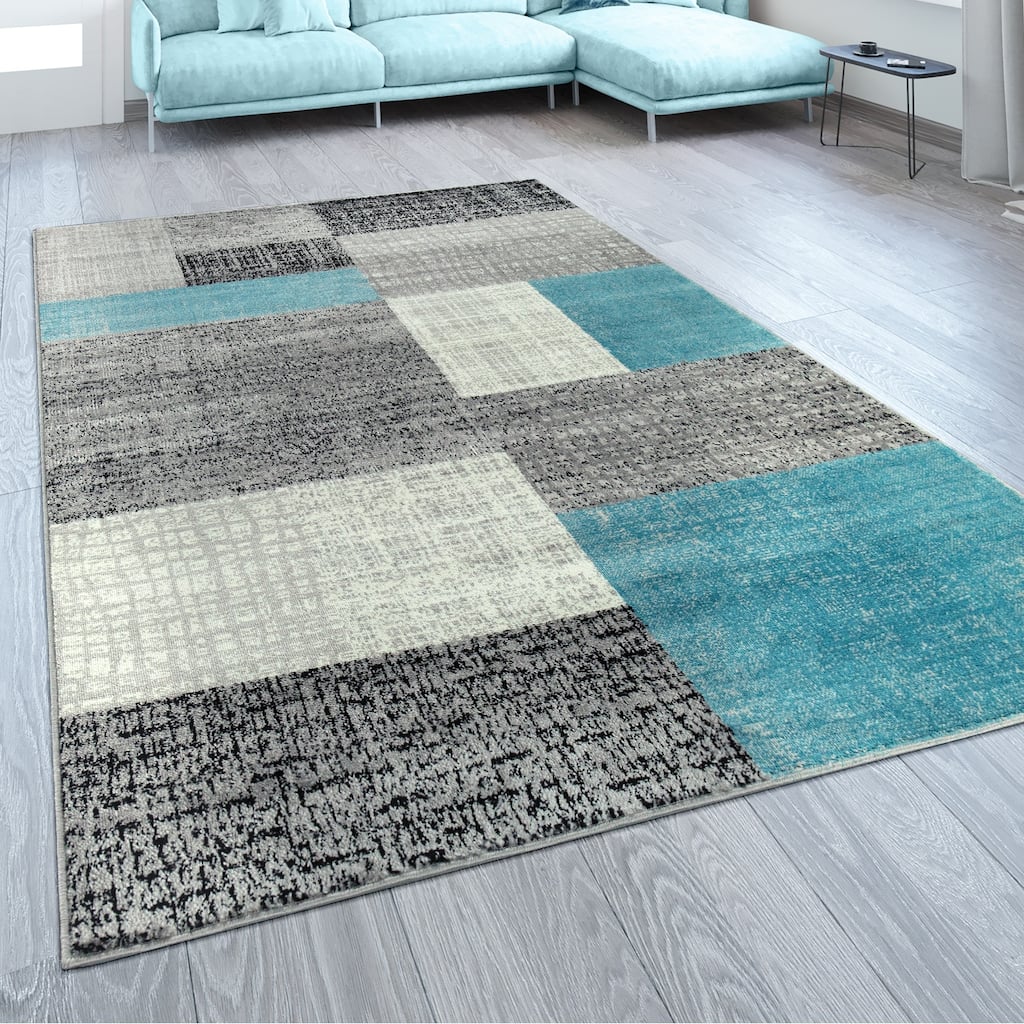 Modern Area Rug Checked Pattern Mottled in Light Blue Grey White