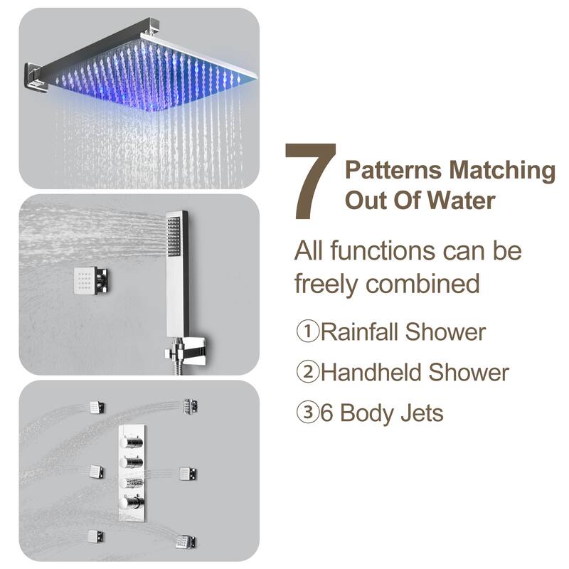 Luxury Thermostatic Shower System 3-Spray Patterns 12" Wall Mount Rain Dual Shower Heads with LED and 6 Body Jets in Chrome