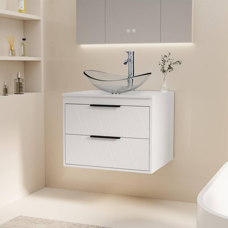 Modern Wall Mounted Bathroom Vanity Set with Vessel Sink & Faucet - white-24 in - 24-1 Glass clear boat sink