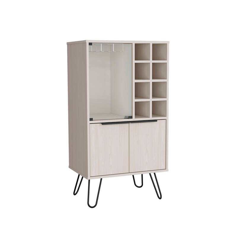Elegant Bar Cabinet with Glass Doors, Ample Storage, and Pullout Shelf for Drinks and Glasses - White Washed