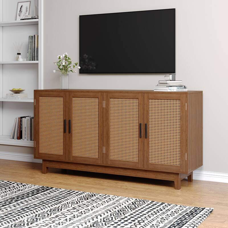 Rattan Accent Cabinet Storage Sideboard Buffet with 4 Doors
