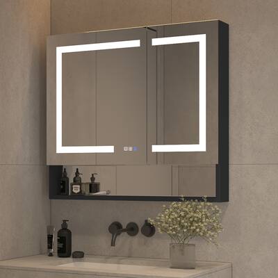 ExBrite 36'' x 32'' LED Lighted Mirror Black Medicine Cabinet with Shelves for Bathroom Recessed or Surface Mount - 36'' x 32''