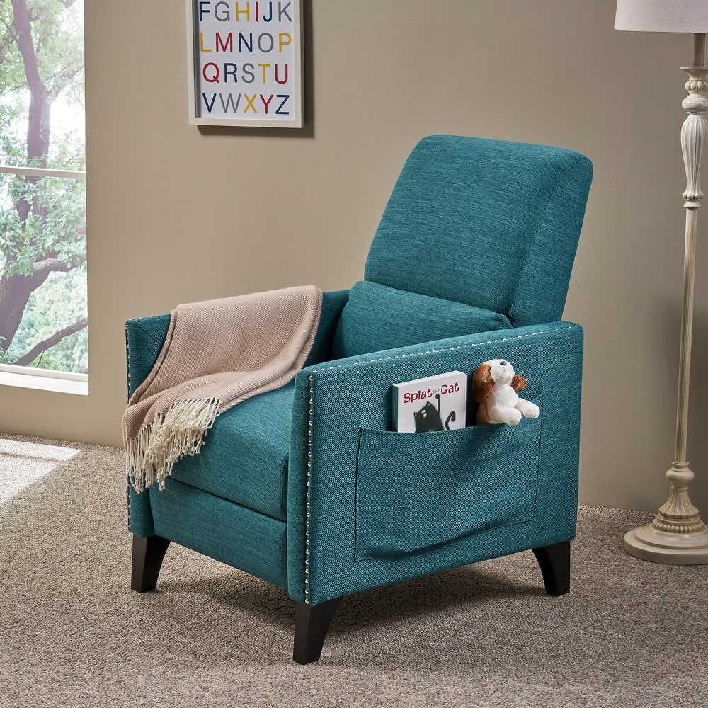 Modern Fabric Upholstered Push-Back Recliner with Footrest, Nailhead Accents, Birch Wood Legs