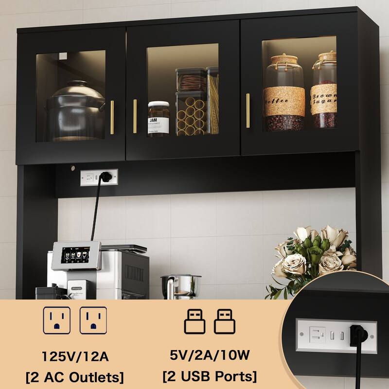 71'' Kitchen Pantry Cabinet with Hutch, Drawer & LED Light, Microwave Stand with Power Outlet for Dining Room or Kitchen