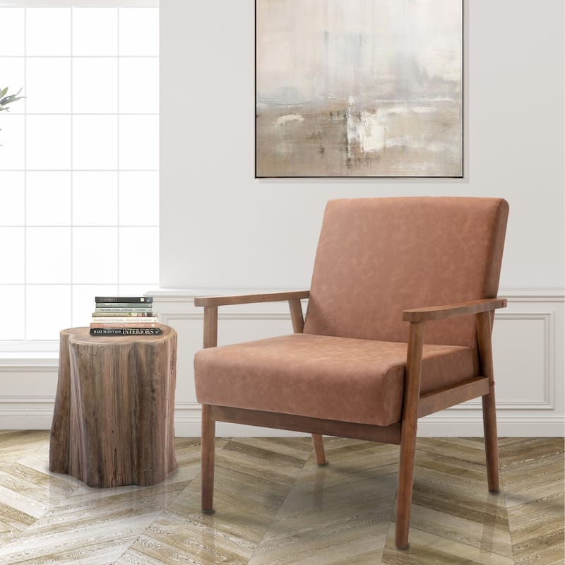 Mid-century Modern Solid Wood Armchair - Brown Leather