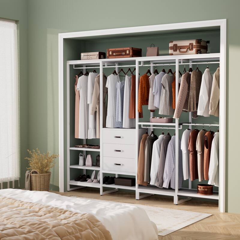 Rackcog 74-148'' W Closet System with 3 Wood Drawers and 11-Tier Storage Shelves,Multifunctional Walk-in Closet Organizer