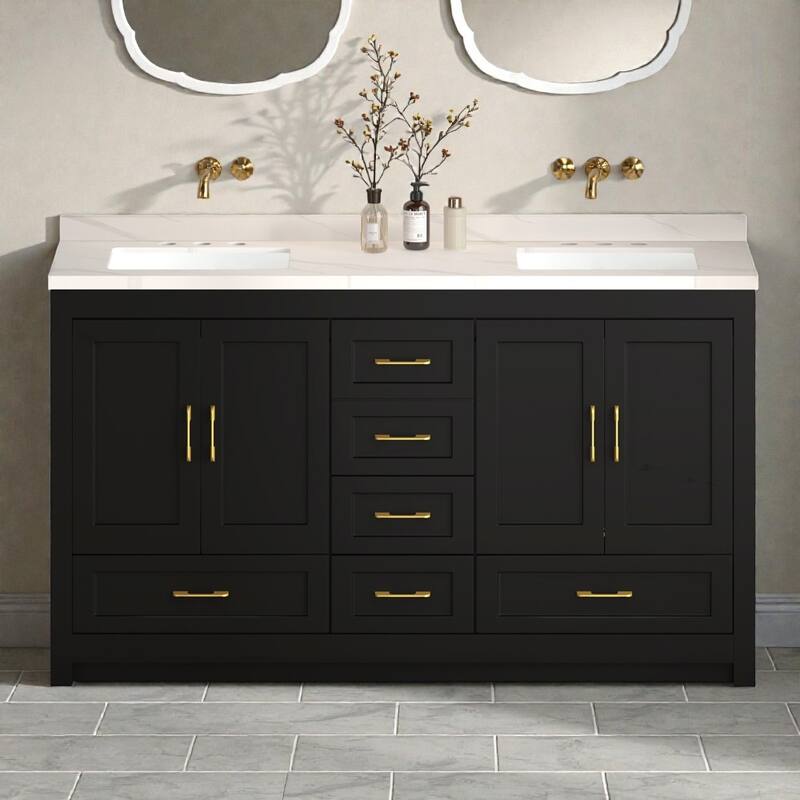 60" Black Bathroom Vanity Cabinet with 4 Soft-Close Doors and 5 Drawers, MDF Storage Vanity, Transitional Style - Black