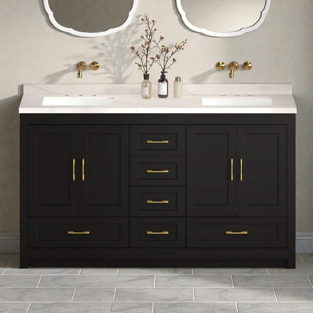 60" Black Bathroom Vanity Cabinet with 4 Soft-Close Doors and 5 Drawers, MDF Storage Vanity, Transitional Style