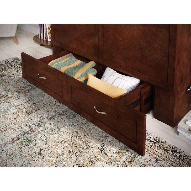 Murphy Bed Chest with Mattress - Solid Wood Bed Frame - Modern Storage Bed - Walnut Finish - Space Saving Furniture