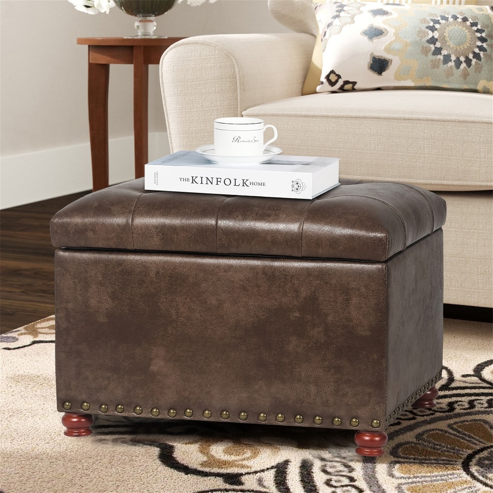 Adeco Classy Rectangle Storage Bench Natural Fabric Footstool Ottoman