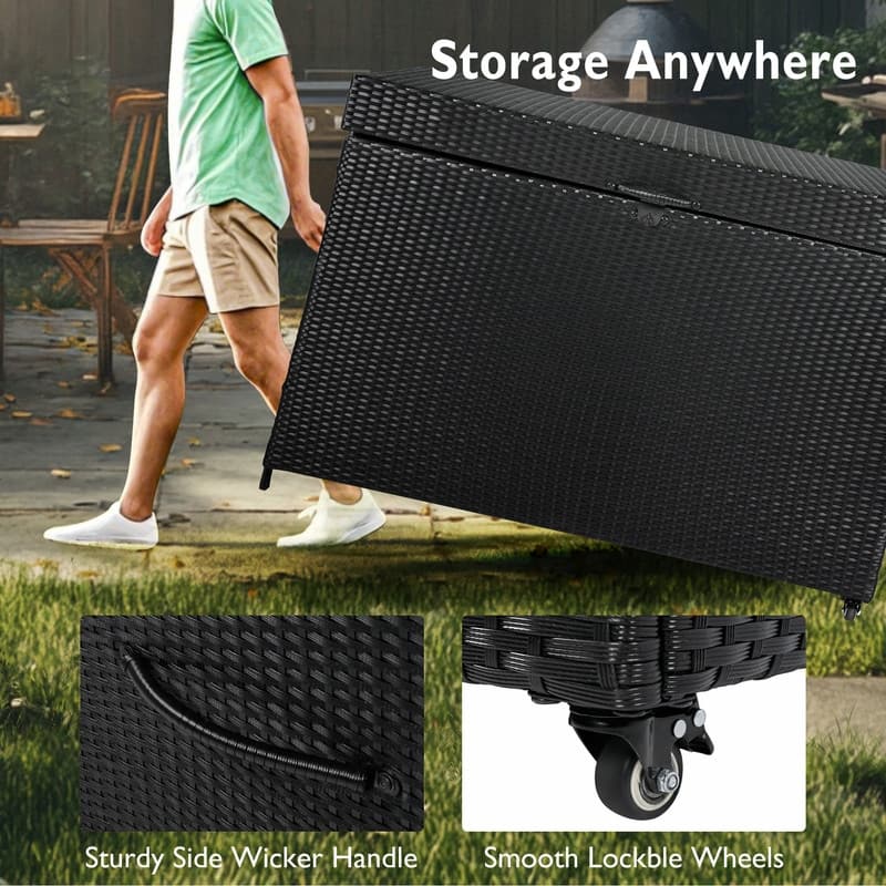 230-Gallon All-Weather Wicker Deck Storage Box With Wheels, Rattan Patio Organizer For Outdoor Furniture, Garden Tools.