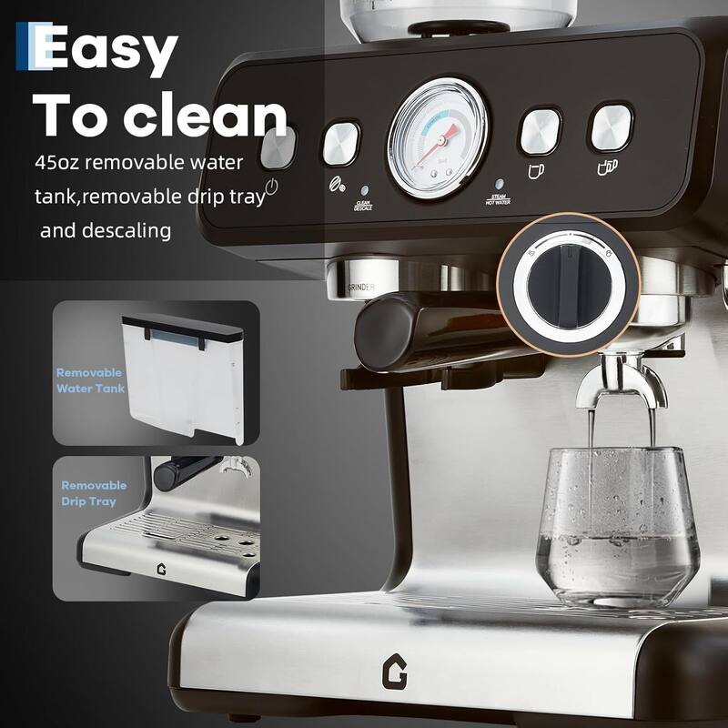 Espresso Coffee Machine with Grinder & 20 Bar Pressure, 2.8L Removable Water Tank, Black