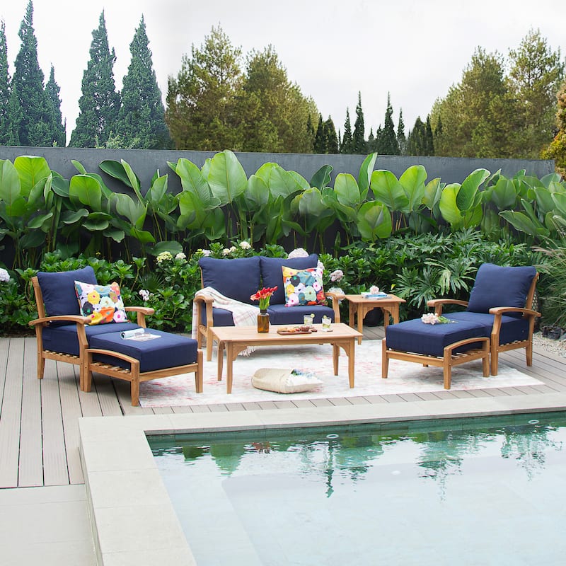 Cambridge Casual Leon 7-piece Teak Patio Conversation Set - Natural Teak/Navy Cushion