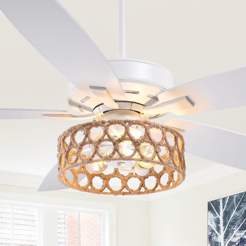 52" Bohemian White 5-Blade Natural Jute Ceiling Fan with Light Kit and Remote