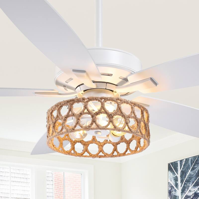 52" Farmhouse White Natural Jute Bedroom Ceiling Fan Chandelier with Remote