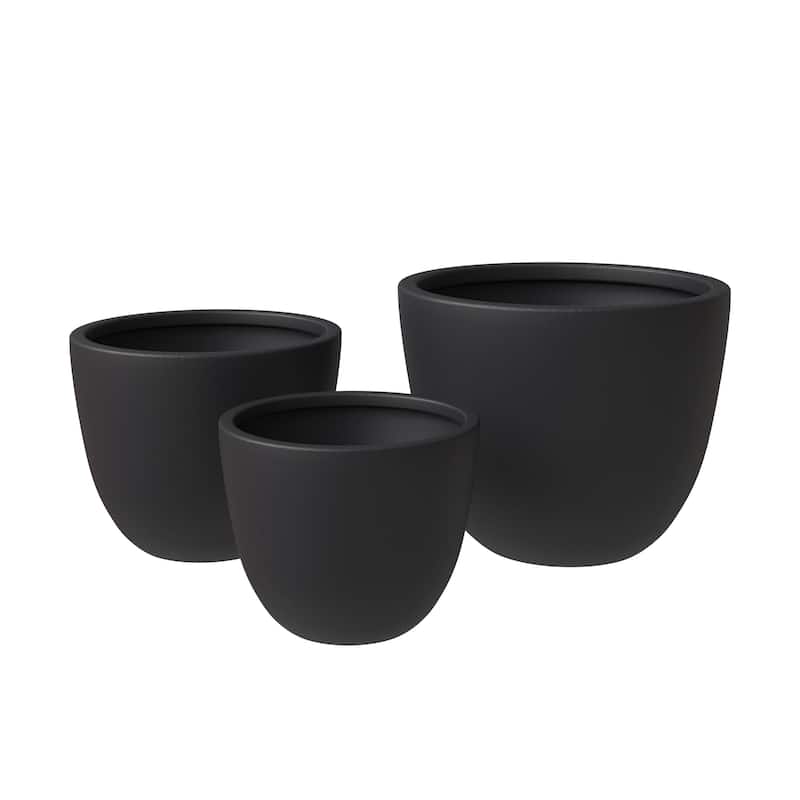 Dahlia 3-Piece Modern Round Planter Set, Durable Fiberstone & Clay Pots for Indoor & Outdoor Plants - Black