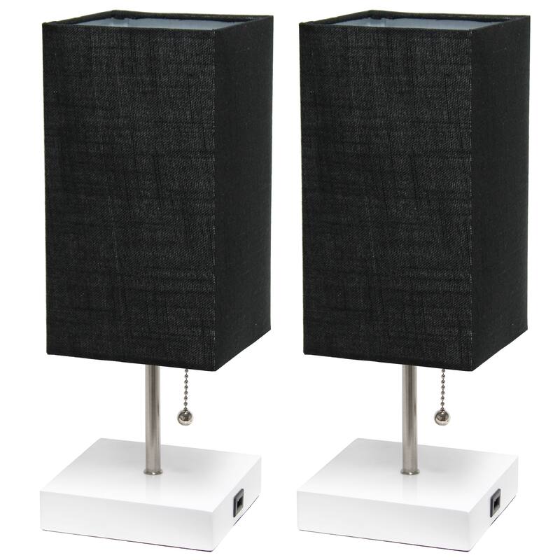 Simple Designs Petite White Stick Lamp with USB Charging Port and Fabric Shade 2 Pack Set - 5 x 5 x 14.25 (L x W x H) - Black