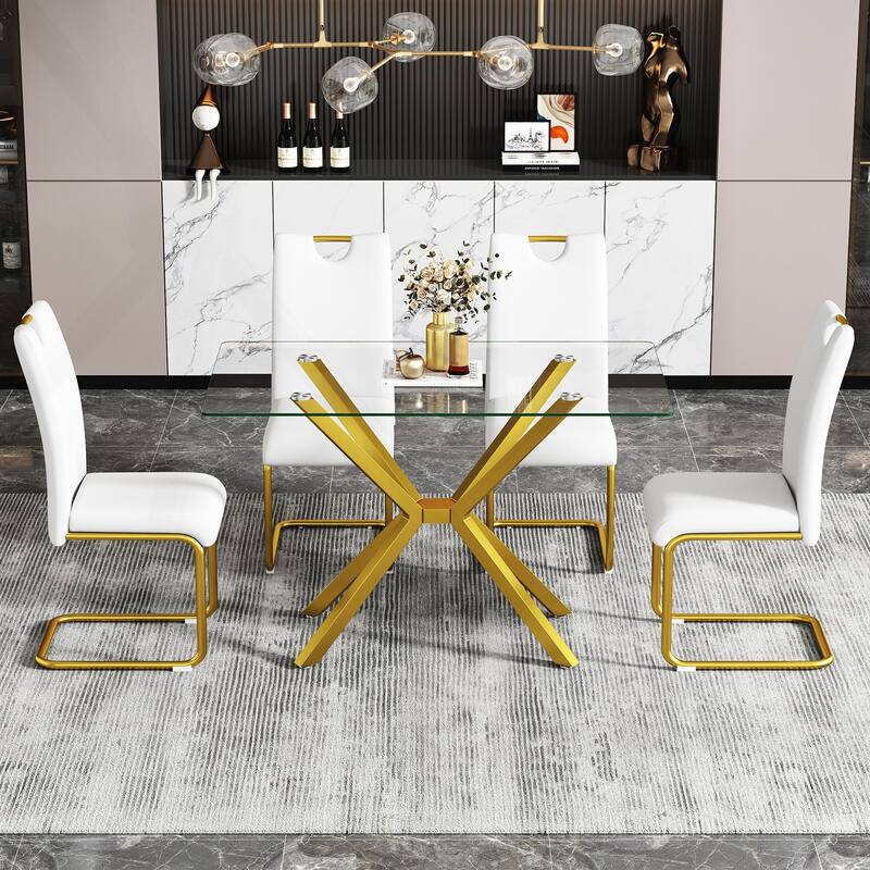 Stylish Rectangular Tempered Glass Dining Table with Sturdy Metal Legs for Dining Room