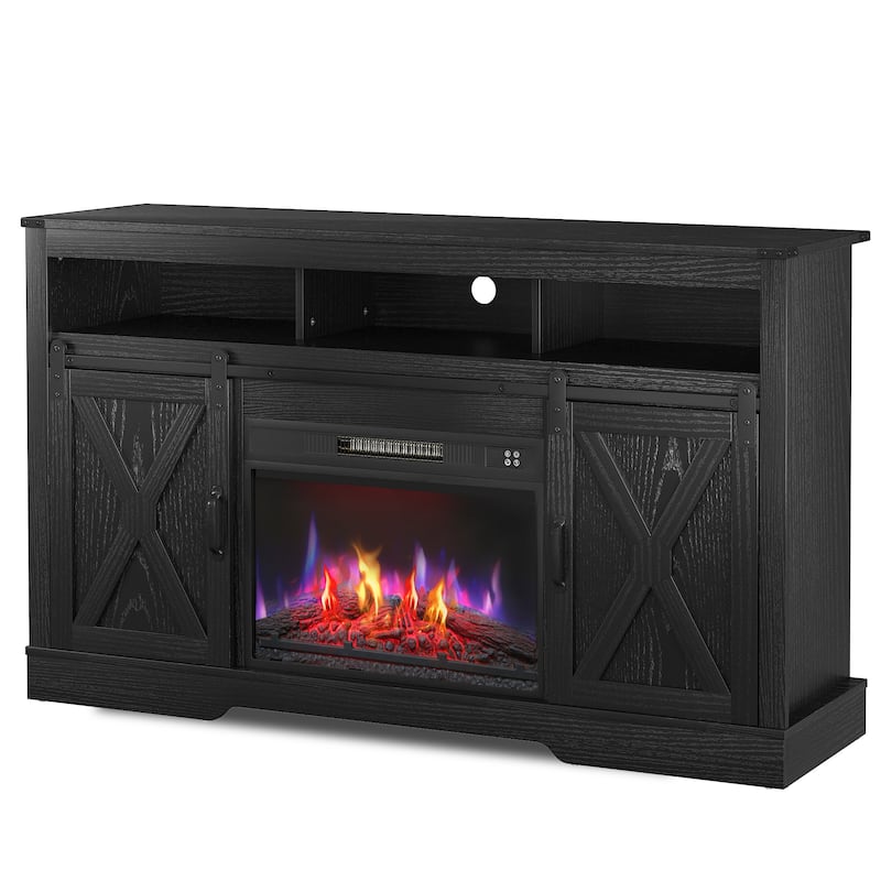 Farmhouse Media Console TV Stand with Fireplace for TVs Up To 70" - Black