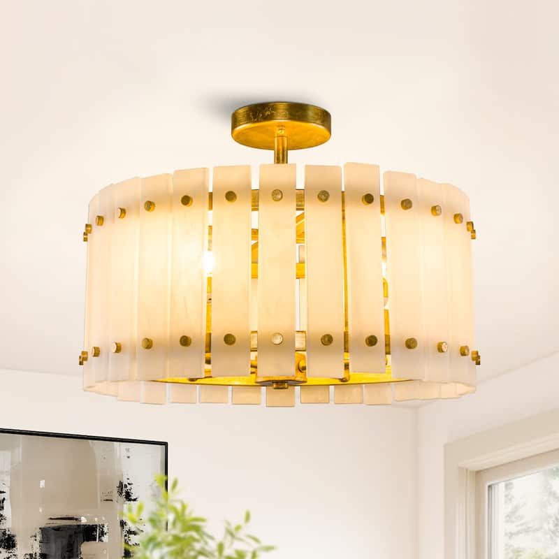 Gold Vintage Imitation Marble 4-Light Drum Semi-Flush Mount Ceiling Light - 17.72-inch W x 12.8-inch H