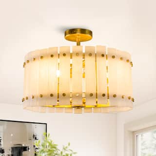 Gold Vintage Imitation Faux Alabaster  4-Light Drum Semi-Flush Mount Ceiling Light - 17.72" W x 12.8" H