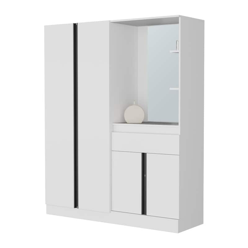 CaneMulti-Functional Wardrobe with Vanity Mirror and Storage, White