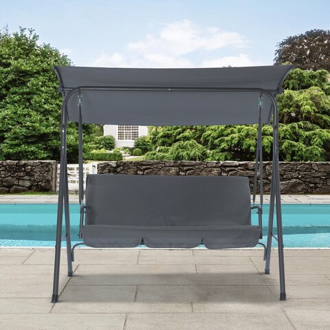 3-Person Gray Patio Swing Chair With Stand,Cushion,Convertible Canopy