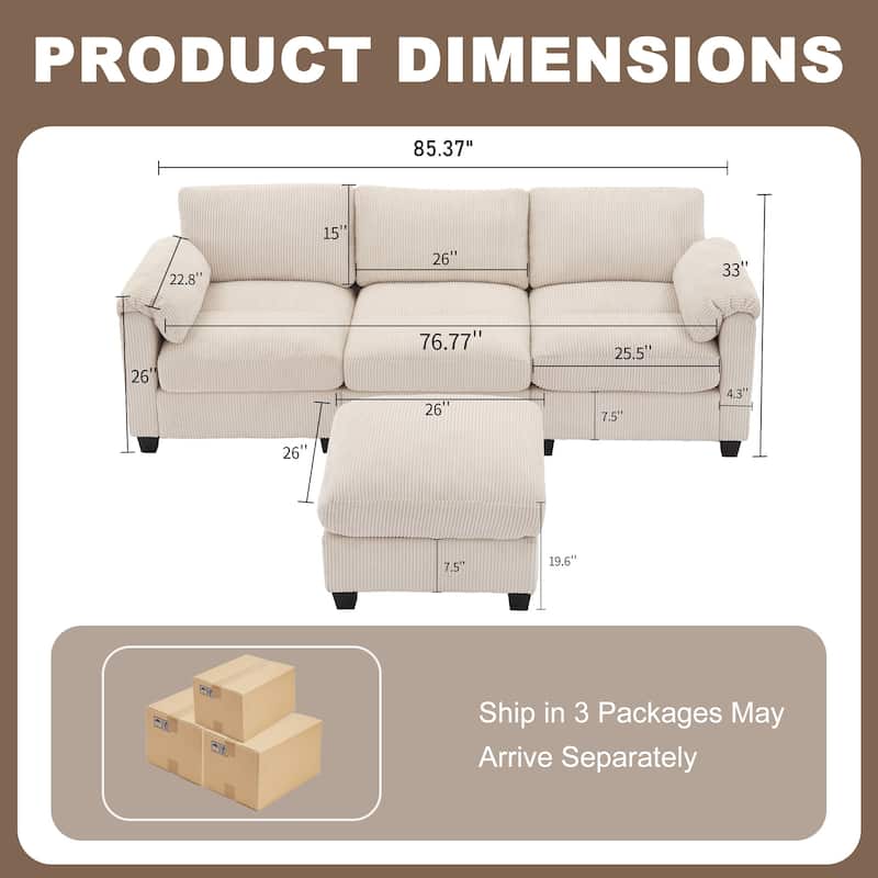 Corduroy Sectional Sofa with a Removable Ottoman, L-shaped Reversible 4-seat Modular Couch