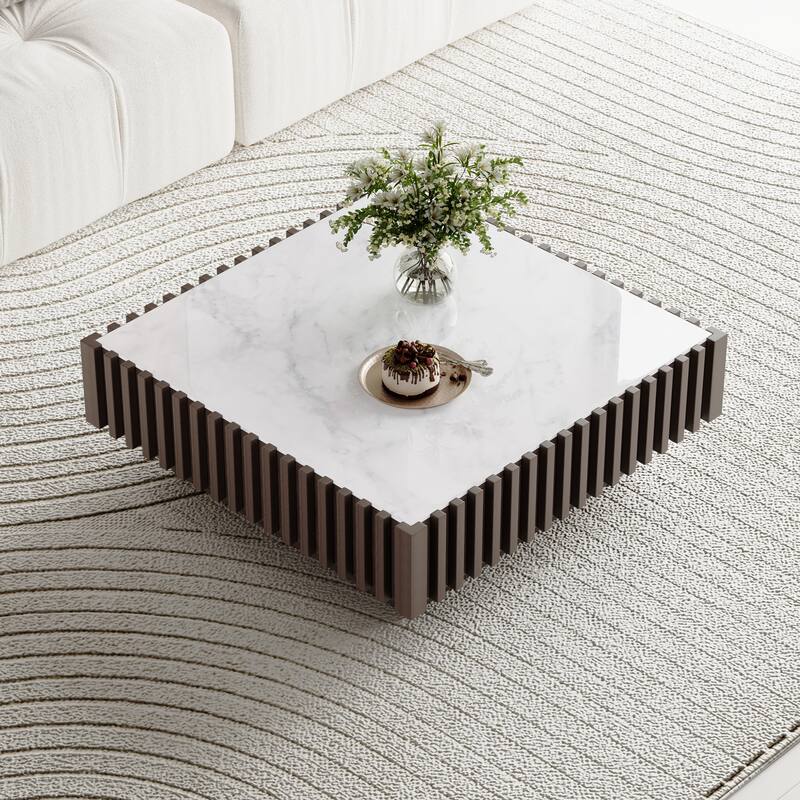 33.46" Modern Square Coffee Table,White Fuax Marble Table top, Solid Wood with 1 Drawer - Marble - White