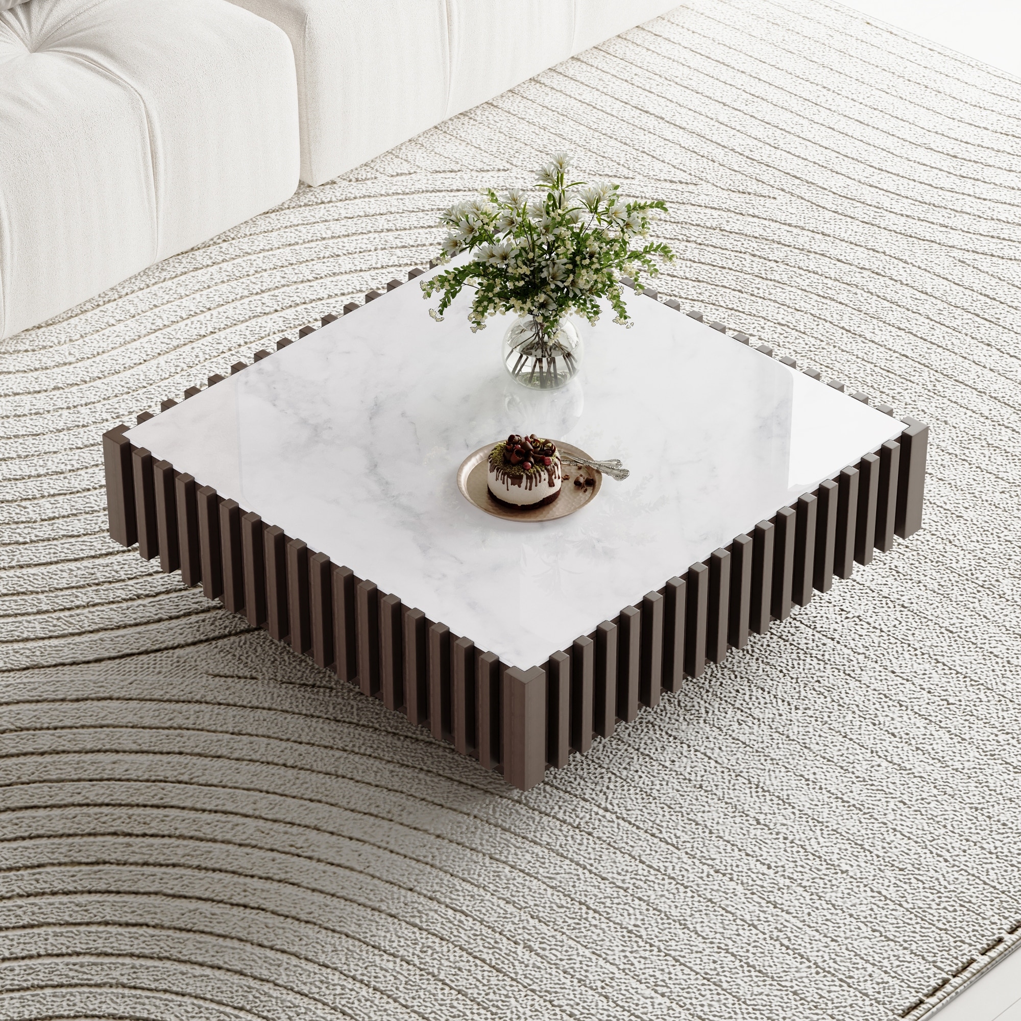 33" Modern Square Coffee Table,White Fuax Marble Table top, Solid Wood with 1 Drawer