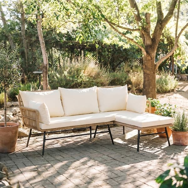 2-Piece Outdoor Boho Wicker Patio L-Shaped Sectional Sofa with Cushions - Bed Bath & Beyond