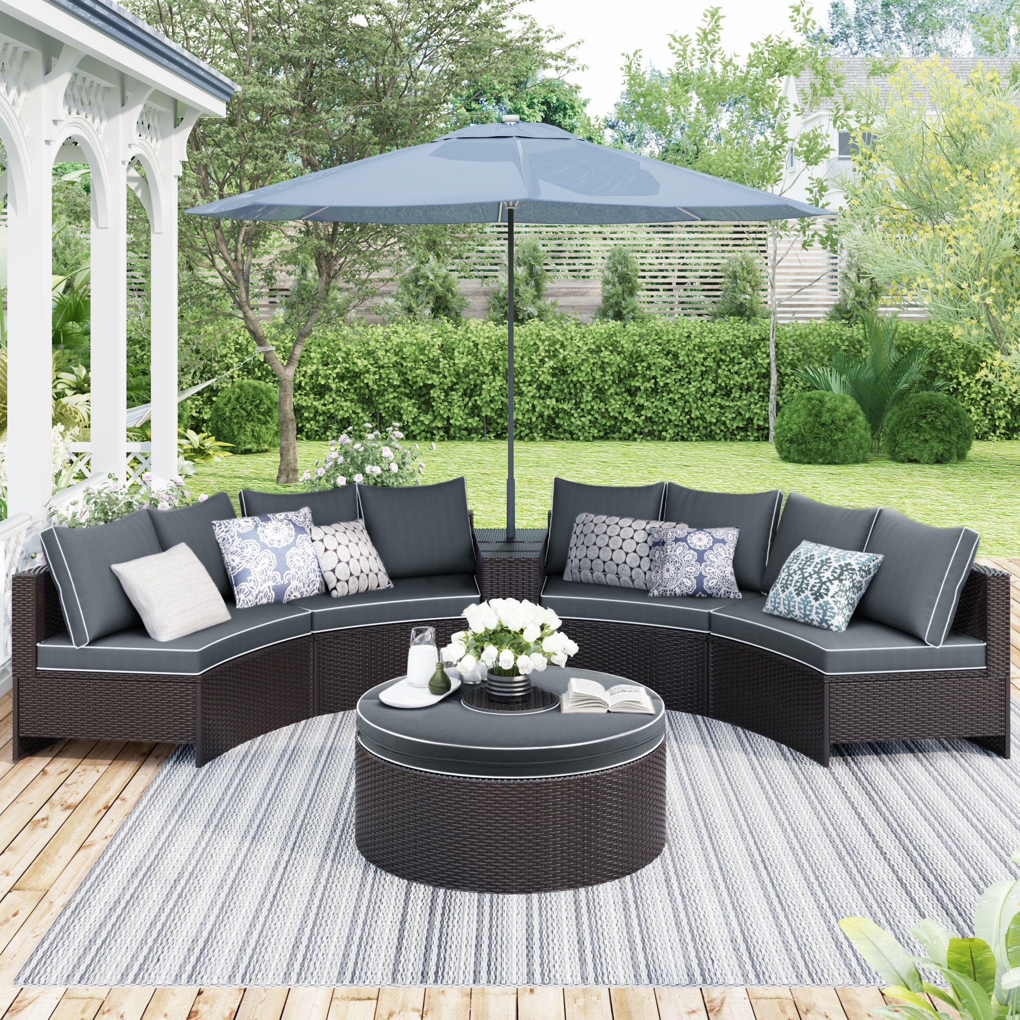 6 Pieces Outdoor Sectional Half Round Patio Rattan Sofa Set, PE Wicker Conversation Furniture Set