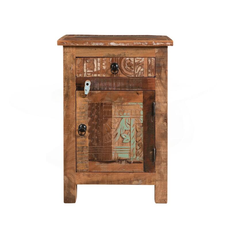 Charming Recycled Wood Side Table with Versatile Storage Options